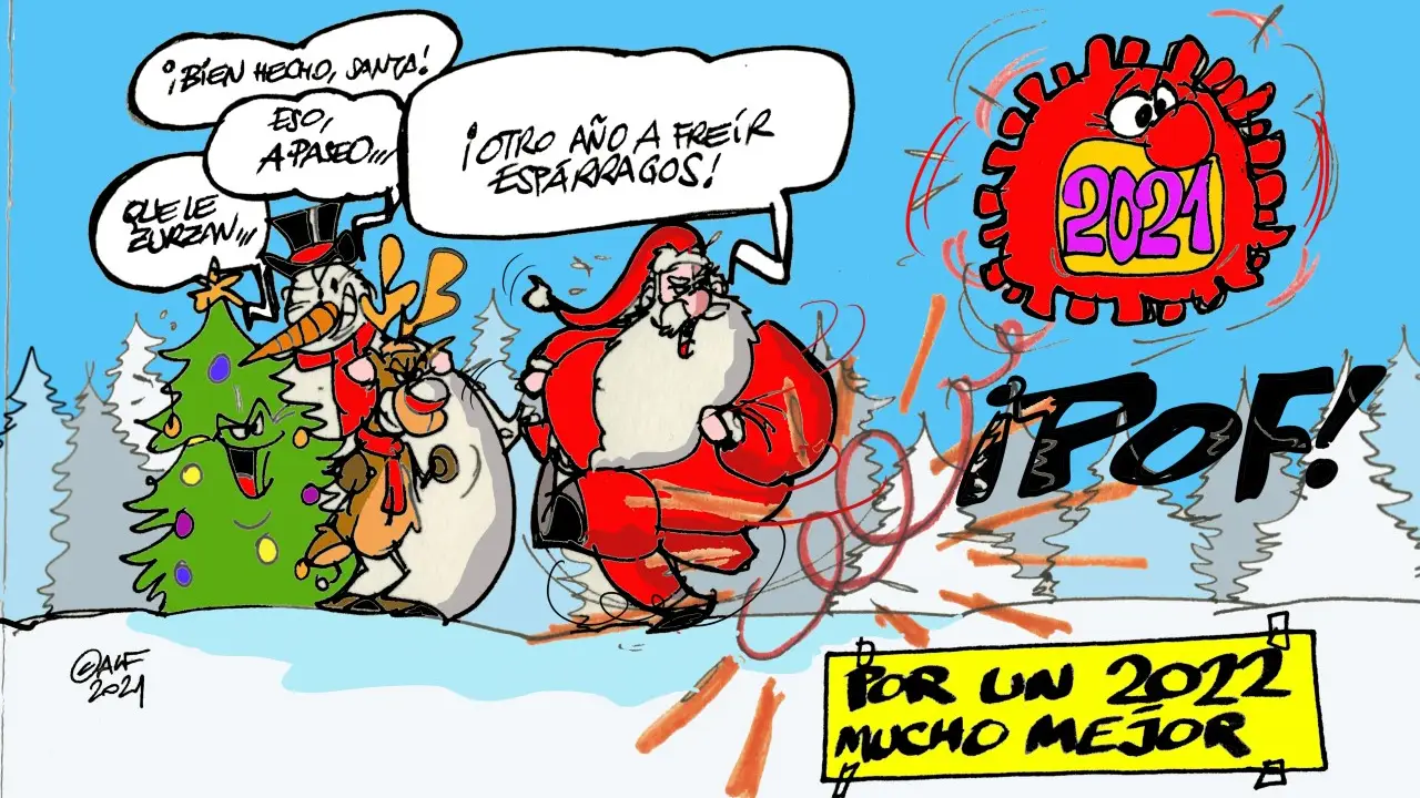 El adiós a un 2021 marcado por el coronavirus, en la viñeta gráfica de Alfredo Boto-Hervás El adiós a un 2021 marcado por el coronavirus, en la viñeta gráfica de Alfredo Boto-Hervás