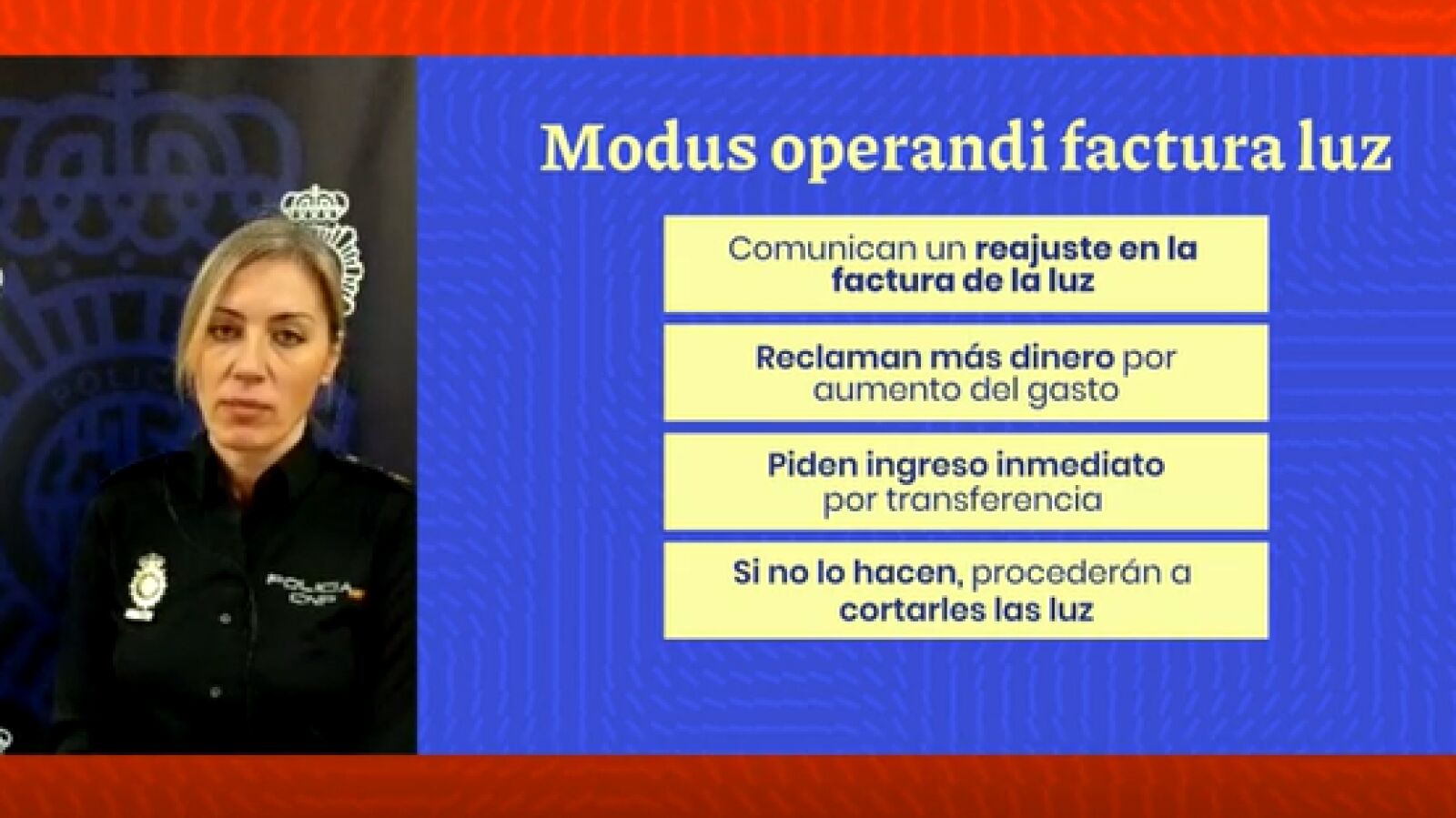 La portavoz de la Policía Nacional explica el modus operandi de una estafa sobre la factura de la luz 