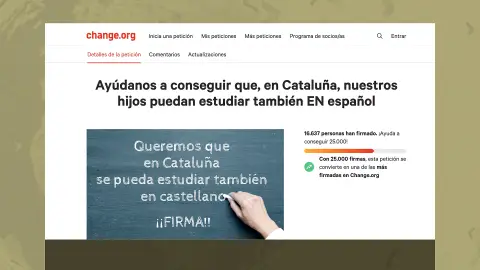 Una plataforma recoge firmas en change.org para "conseguir que los alumnos catalanes puedan estudiar también en español" Una plataforma recoge firmas en change.org para "conseguir que los alumnos catalanes puedan estudiar también en español"