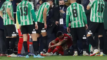 El centrocampista del Sevilla Joan Jordán tras recibir el impacto de un palo tirado desde la grada El centrocampista del Sevilla Joan Jordán tras recibir el impacto de un palo tirado desde la grada