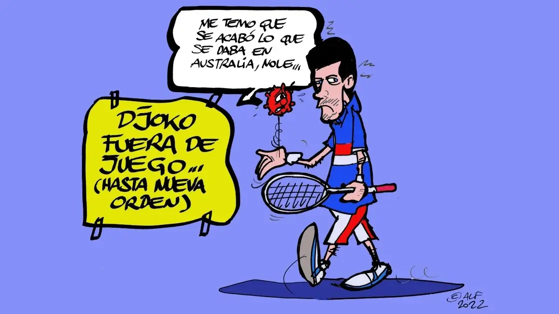 Novak Djokovic fuera de juego, en la viñeta gráfica de Alfredo Boto-Hervás Novak Djokovic fuera de juego, en la viñeta gráfica de Alfredo Boto-Hervás