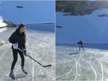 Andrea Ferreiro patinando sobre un lago helado