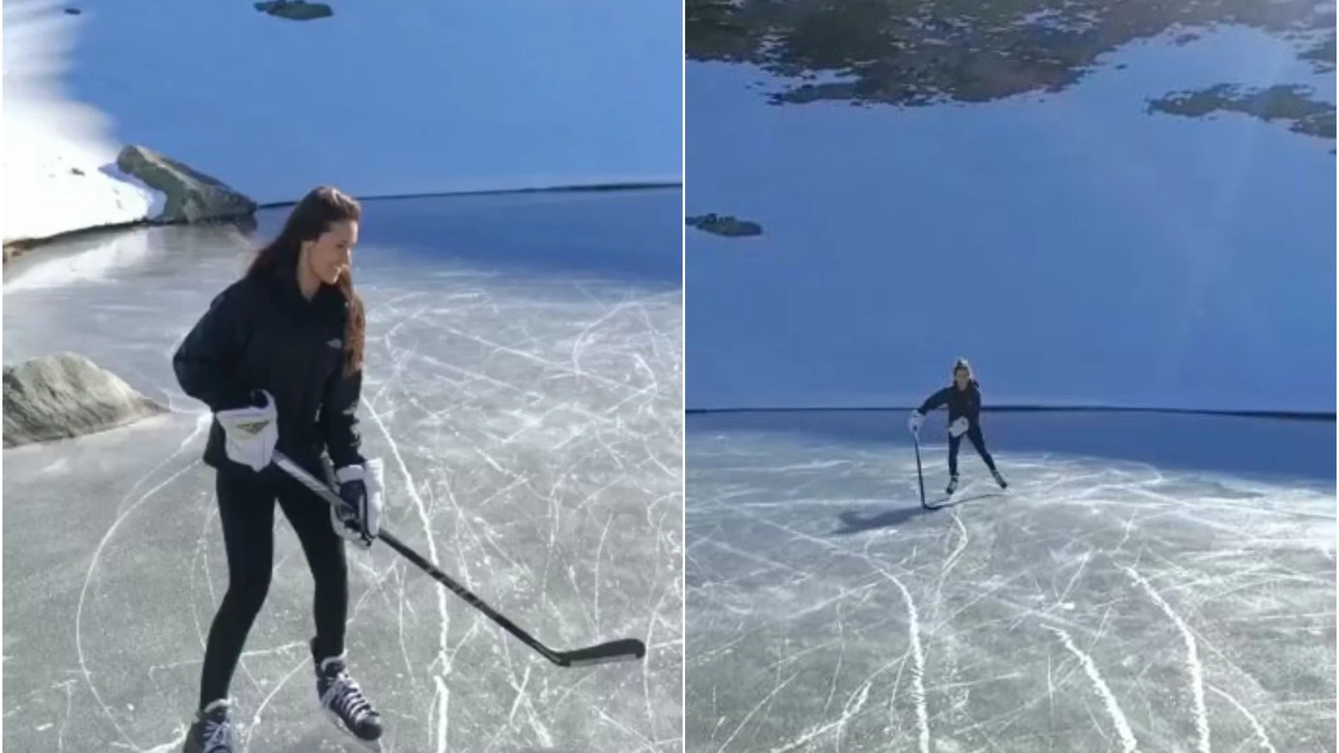 Andrea Ferreiro patinando sobre un lago helado