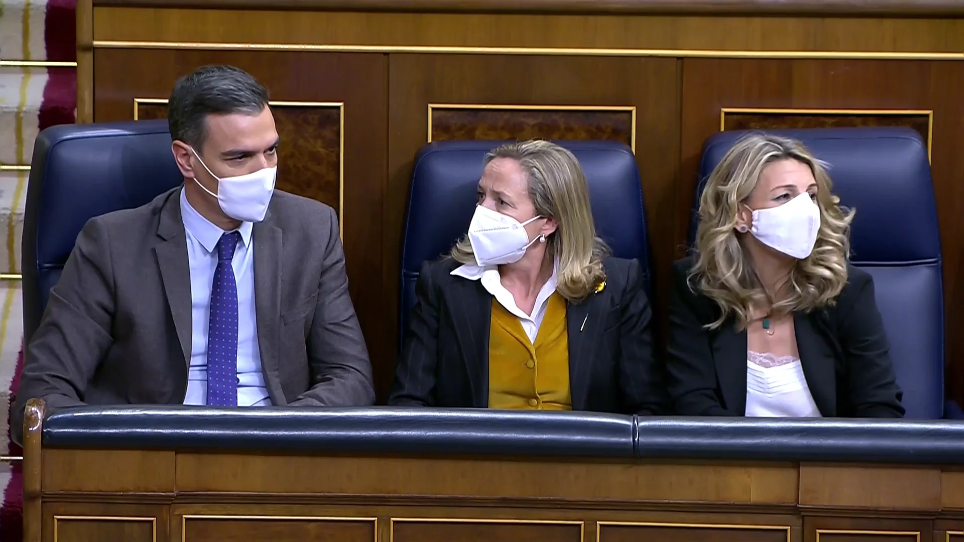 Sánchez, Calviño y Batet tras la confusión de Meritxel Batet Sánchez, Calviño y Batet tras la confusión de Meritxel Batet