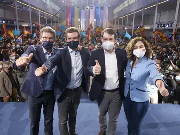 El presidente del PP, Pablo Casado, el candidato a la Presidencia de la Junta de Castilla y León, Alfonso Fernández Mañueco, la presidenta de la Comunidad de Madrid Isabel Díaz Ayuso y el presidente de la Xunta de Galicia Alberto Núñez Feijóo, El presidente del PP, Pablo Casado, el candidato a la Presidencia de la Junta de Castilla y León, Alfonso Fernández Mañueco, la presidenta de la Comunidad de Madrid Isabel Díaz Ayuso y el presidente de la Xunta de Galicia Alberto Núñez Feijóo,