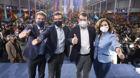 El presidente del PP, Pablo Casado, el candidato a la Presidencia de la Junta de Castilla y León, Alfonso Fernández Mañueco, la presidenta de la Comunidad de Madrid Isabel Díaz Ayuso y el presidente de la Xunta de Galicia Alberto Núñez Feijóo, El presidente del PP, Pablo Casado, el candidato a la Presidencia de la Junta de Castilla y León, Alfonso Fernández Mañueco, la presidenta de la Comunidad de Madrid Isabel Díaz Ayuso y el presidente de la Xunta de Galicia Alberto Núñez Feijóo,