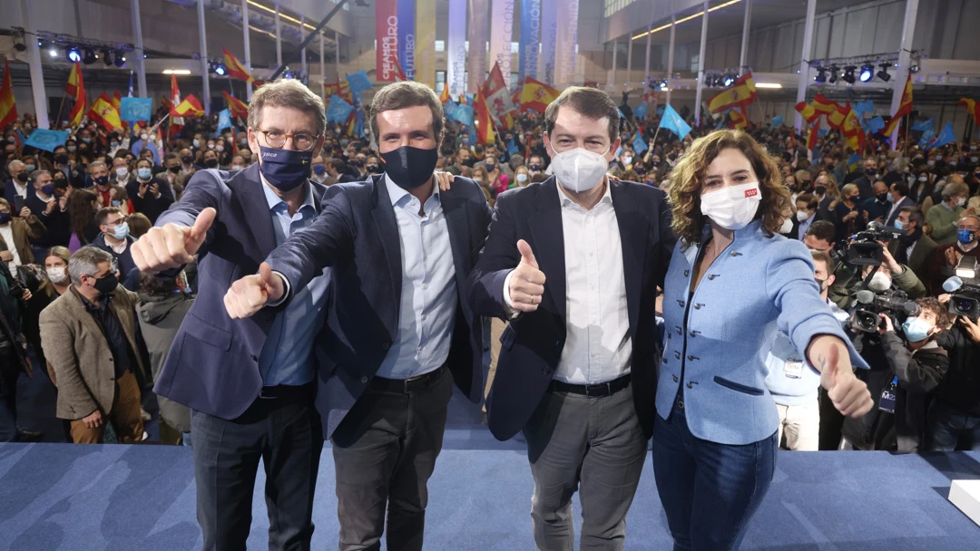 El presidente del PP, Pablo Casado, el candidato a la Presidencia de la Junta de Castilla y León, Alfonso Fernández Mañueco, la presidenta de la Comunidad de Madrid Isabel Díaz Ayuso y el presidente de la Xunta de Galicia Alberto Núñez Feijóo, El presidente del PP, Pablo Casado, el candidato a la Presidencia de la Junta de Castilla y León, Alfonso Fernández Mañueco, la presidenta de la Comunidad de Madrid Isabel Díaz Ayuso y el presidente de la Xunta de Galicia Alberto Núñez Feijóo,