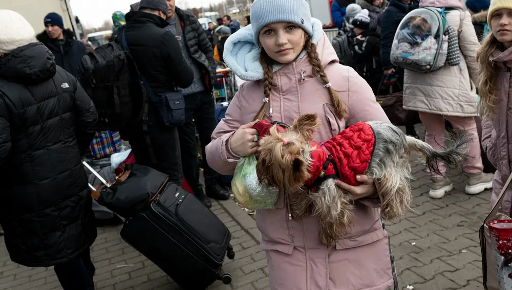 Refugiada ucraniana con su perro.