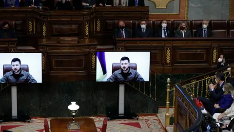 Zelenski durante su comparecencia Zelenski durante su comparecencia