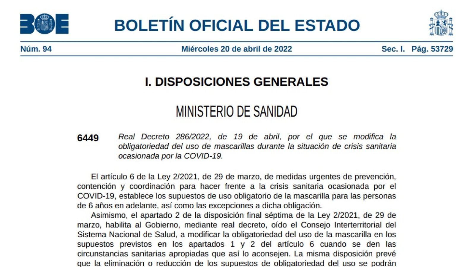 BOE de hoy 20 de abril con el fin de las mascarillas en interior en PDF