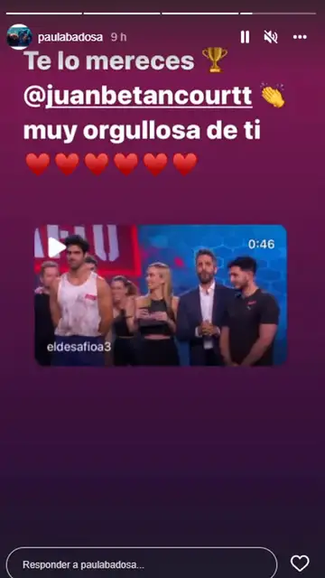 Paula Badosa felicita a Juan Betancourt por su triunfo en 'El Desafío' Paula Badosa felicita a Juan Betancourt por su triunfo en 'El Desafío'
