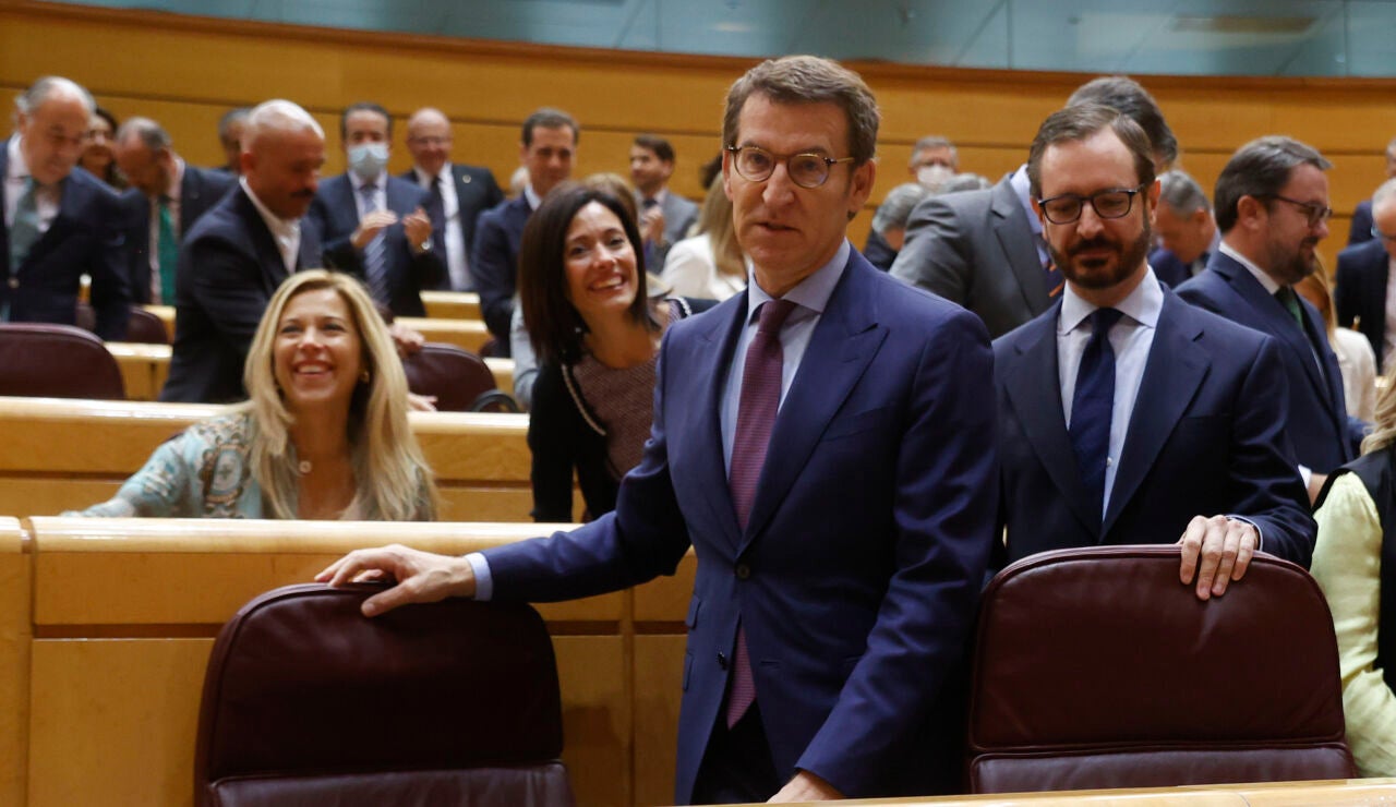 El líder del PP, Alberto Núñez Feijóo, ocupa su escaño en el Senado