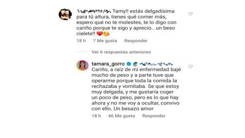 La respuesta de Tamara Gorro a una seguidora tras cuestionar su delgadez
