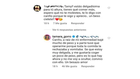 La respuesta de Tamara Gorro a una seguidora tras cuestionar su delgadez La respuesta de Tamara Gorro a una seguidora tras cuestionar su delgadez