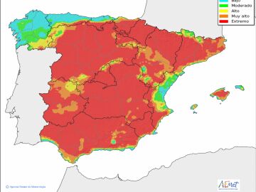 Mapa de niveles de riesgo de incendio previstos. Península y Baleares