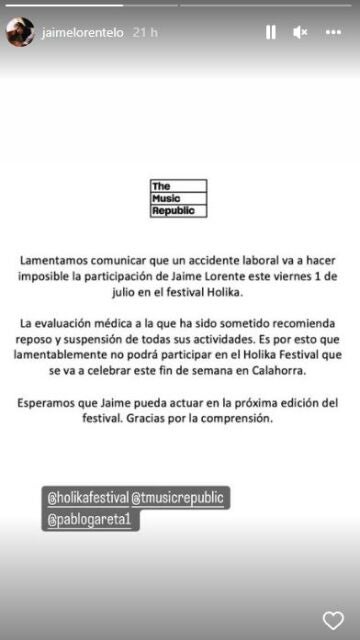 Jaime Lorente muestra el parte médico tras su accidente laboral