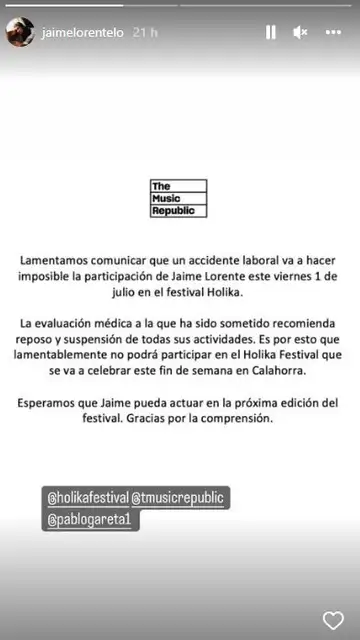 Jaime Lorente muestra el parte médico tras su accidente laboral Jaime Lorente muestra el parte médico tras su accidente laboral