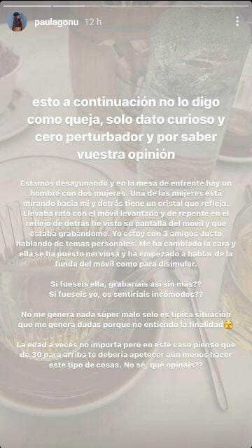 Paula Gonu habla sobre lo que le ha sucedido mientras desayunaba