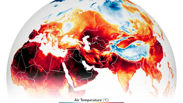 Mapa de las altas temperaturas registradas en el norte de &Aacute;frica, Oriente Medio y Asia