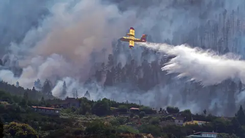 En la imagen, uno de los aviones anfibios del ejército del aire descarga agua sobre un incendio en Tenerife.