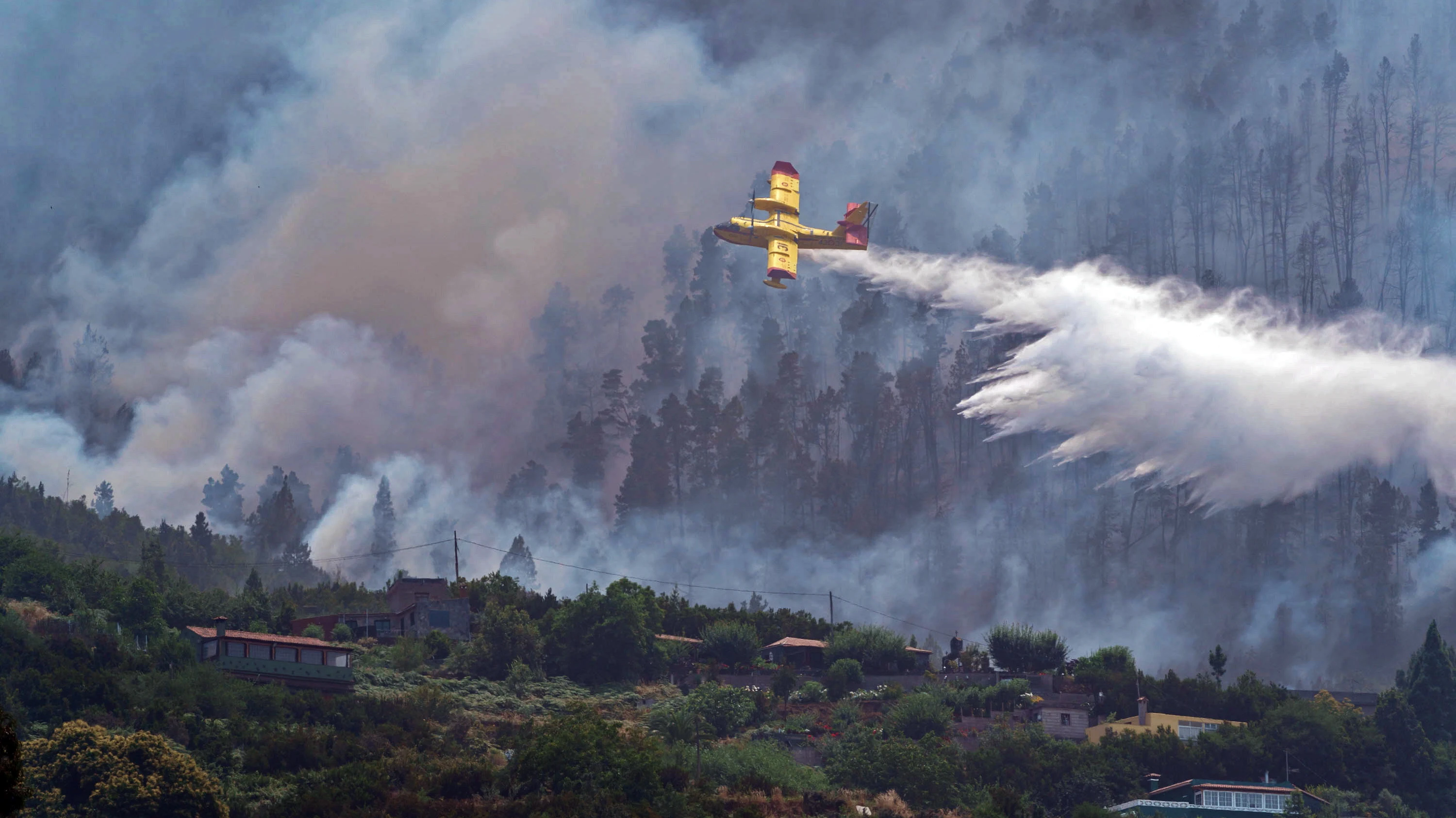 En la imagen, uno de los aviones anfibios del ej&eacute;rcito del aire descarga agua sobre un incendio en Tenerife.
