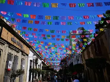 Calle adornada con banderines.