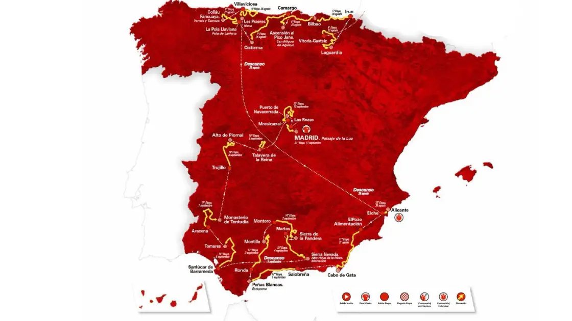 La Vuelta a España 2022 se compone de 21 etapas y cubrirá una distancia total de 3.280,5 km. La Vuelta a España 2022 se compone de 21 etapas y cubrirá una distancia total de 3.280,5 km.