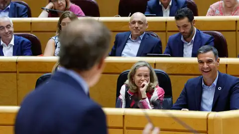 El presidente del Gobierno, Pedro Sánchez (d), y la vicepresidenta primera y ministra de Asuntos Económicos y Transformación Digital, Nadia Calviño. El presidente del Gobierno, Pedro Sánchez (d), y la vicepresidenta primera y ministra de Asuntos Económicos y Transformación Digital, Nadia Calviño.
