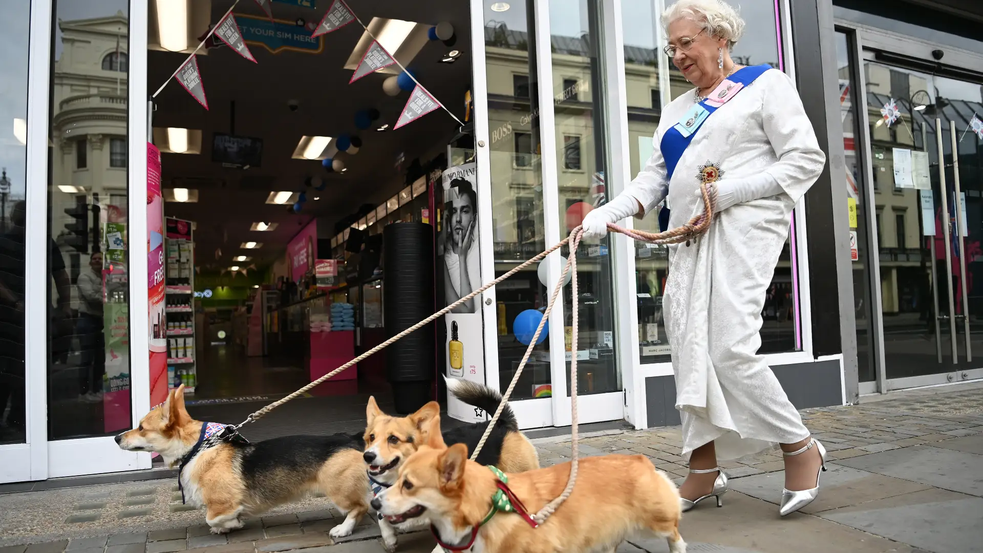 Isabel II junto a sus corgis Isabel II junto a sus corgis