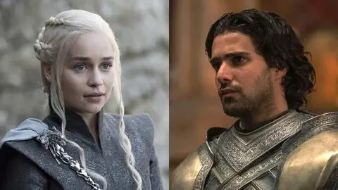 Emilia Clarke como Daenerys en 'Juego de Tronos' y Fabien Frankel como Ser Criston Cole en 'La Casa del Dragón' Emilia Clarke como Daenerys en 'Juego de Tronos' y Fabien Frankel como Ser Criston Cole en 'La Casa del Dragón'
