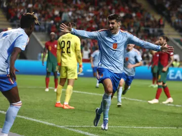 Morata y Nico Williams celebran el gol de España ante Portugal Morata y Nico Williams celebran el gol de España ante Portugal