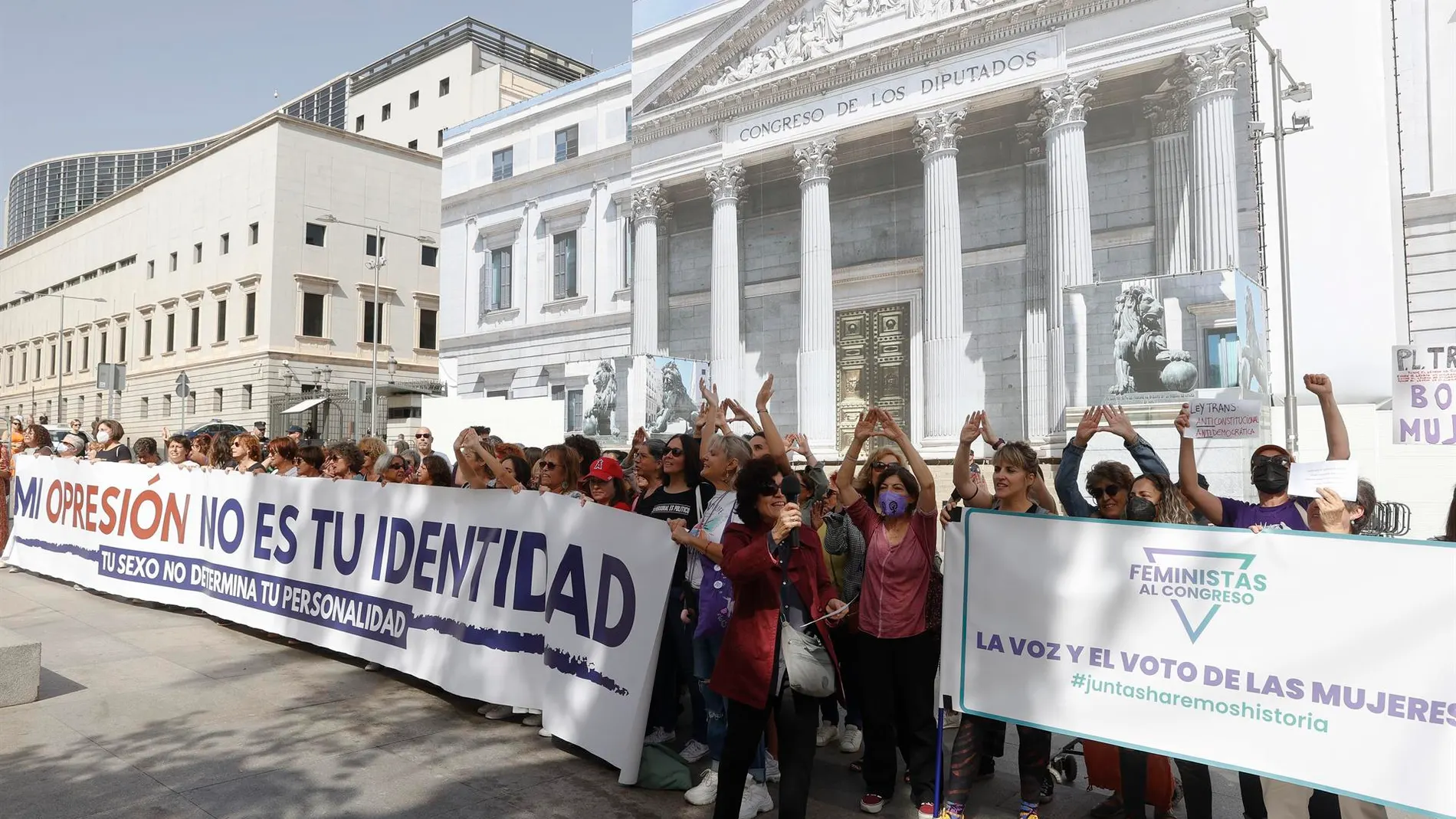 Manifestación de colectivos feministas ante el Congreso contra la ley trans