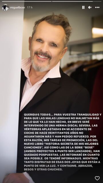 Miguel Bosé anuncia que tendrá que ser intervenido