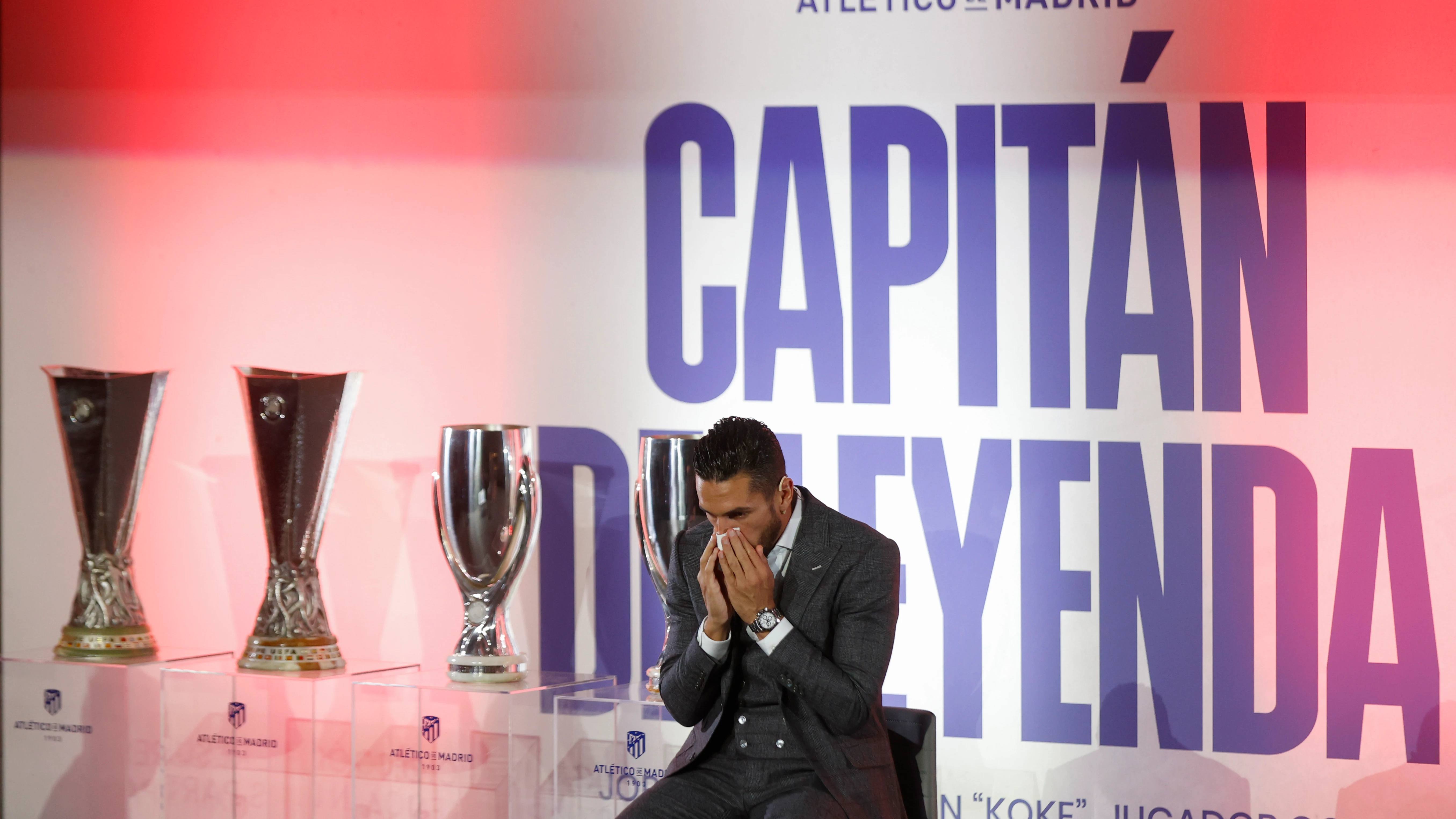 Koke, durante el homenaje en el Metropolitano