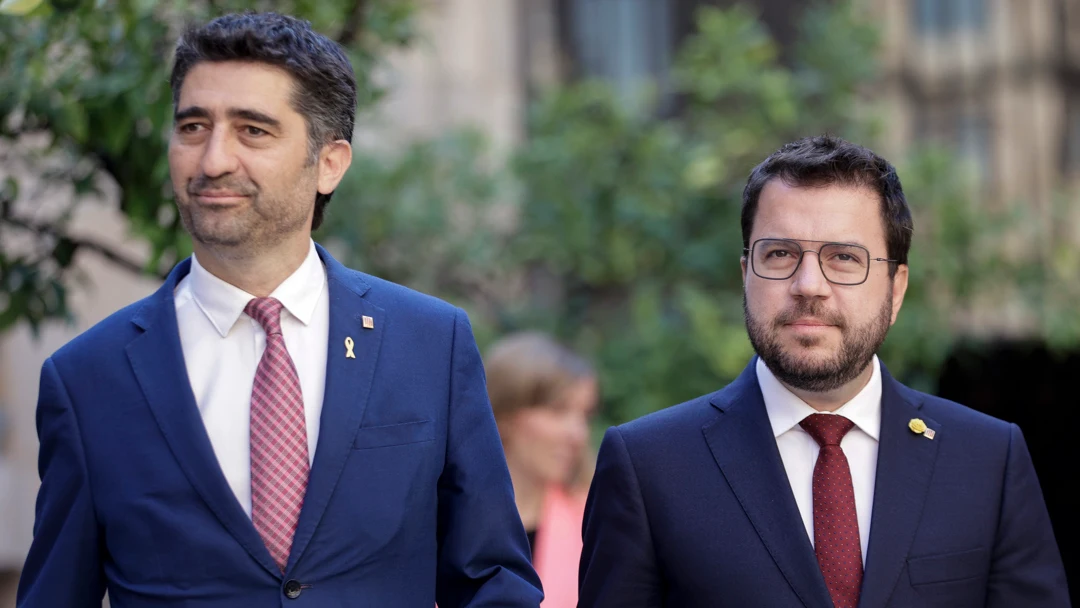 El presidente de la Generalitat, Pere Aragonés, y su vicepresidente, Jordi Puigneró El presidente de la Generalitat, Pere Aragonés, y su vicepresidente, Jordi Puigneró
