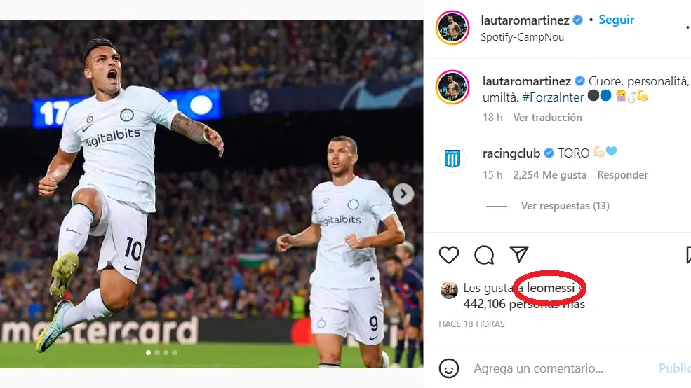 El 'like' de Leo Messi a Lautaro Martínez El 'like' de Leo Messi a Lautaro Martínez
