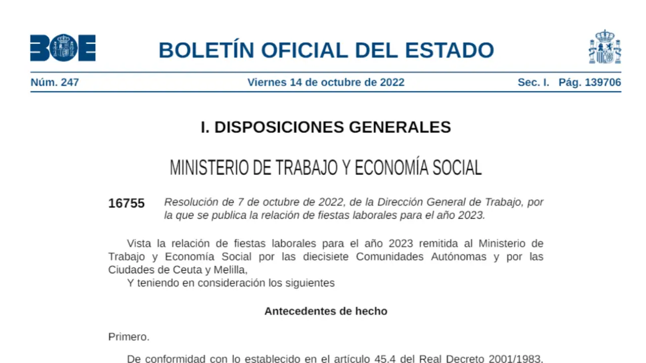 BOE del 14 de octubre sobre el calendario laboral de 2023