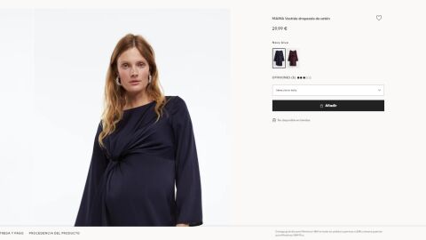 vestido premamá de satén azul marino.