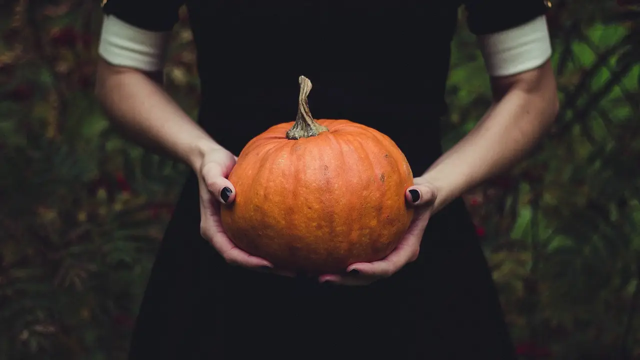 Halloween: Mujer sosteniendo una calabaza Halloween: Mujer sosteniendo una calabaza