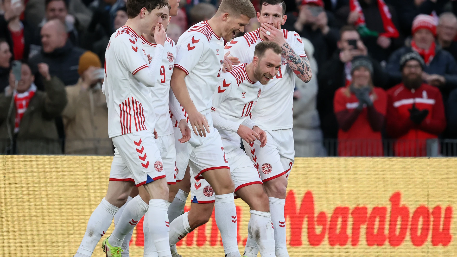 La selección de Dinamarca celebrando un gol