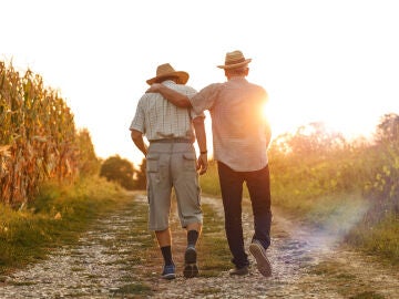 Una pareja de ancianos pasea durante un atardecer