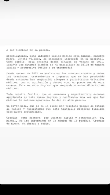 Comunicado del hijo de Concha Velasco Comunicado del hijo de Concha Velasco