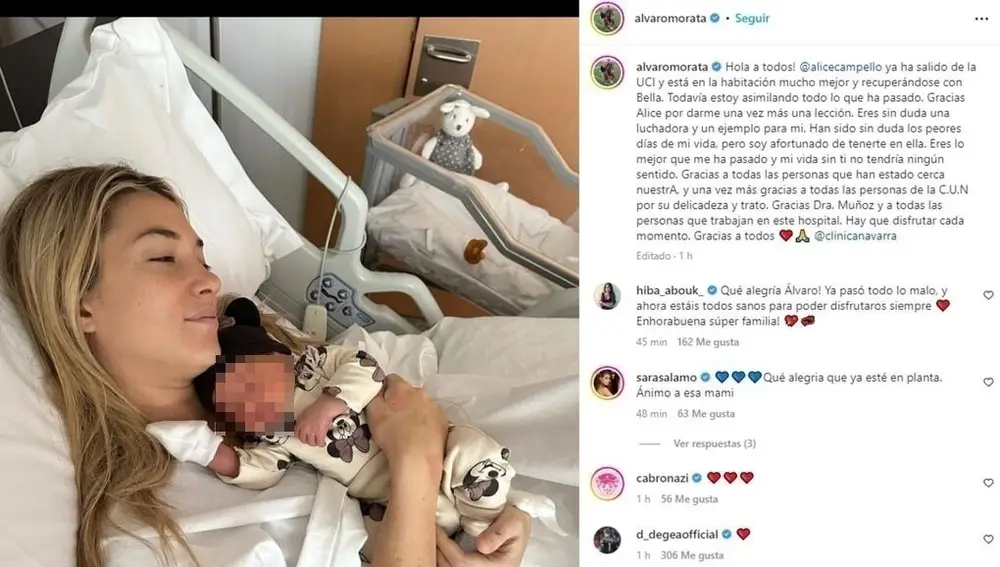 Alice Campello ya en planta con su hija recién nacida, Bella 