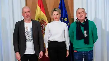 Yolanda Díaz con Pepe Álvarez y Unai Sordo Yolanda Díaz con Pepe Álvarez y Unai Sordo