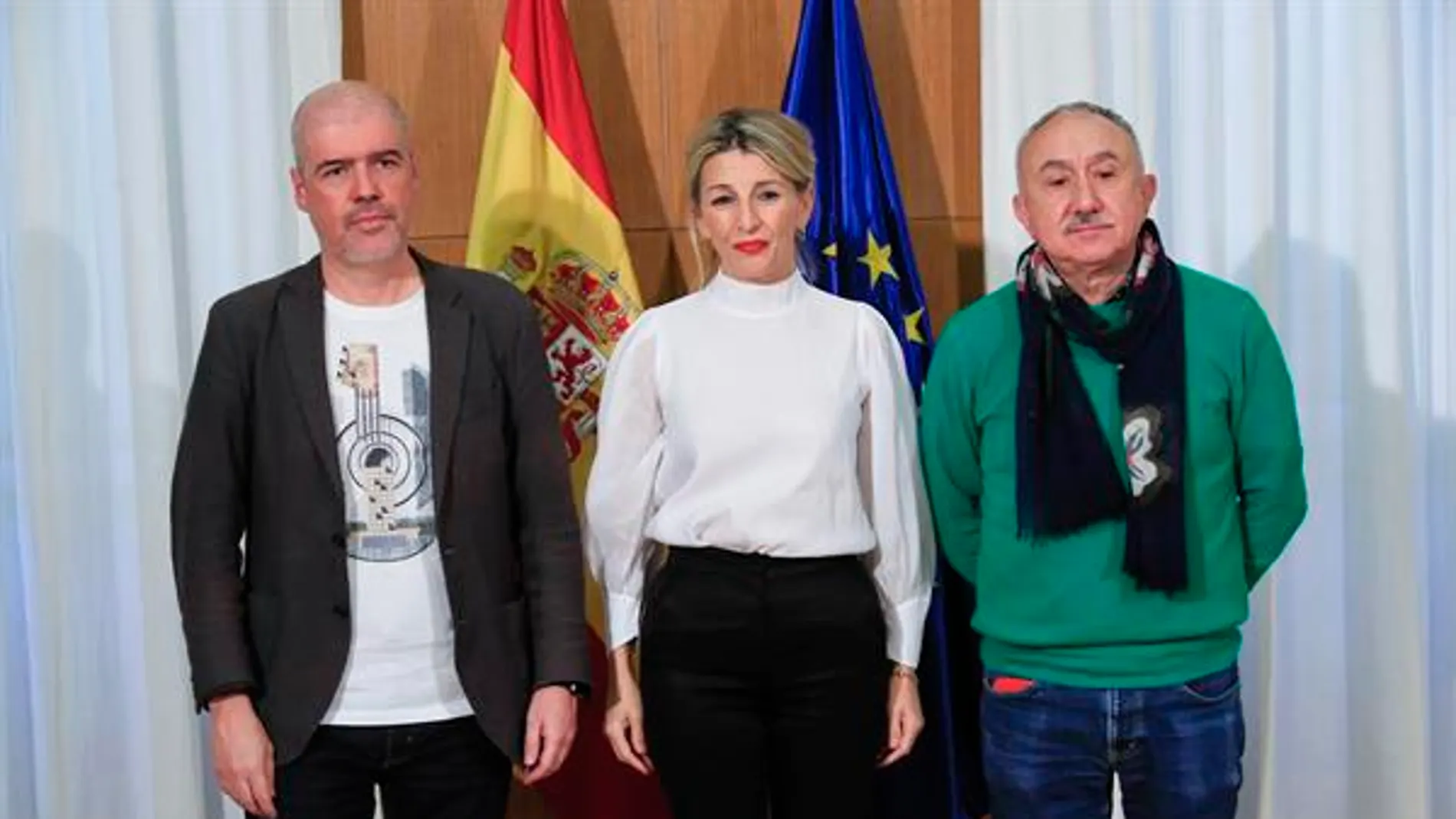 Yolanda Díaz con Pepe Álvarez y Unai Sordo