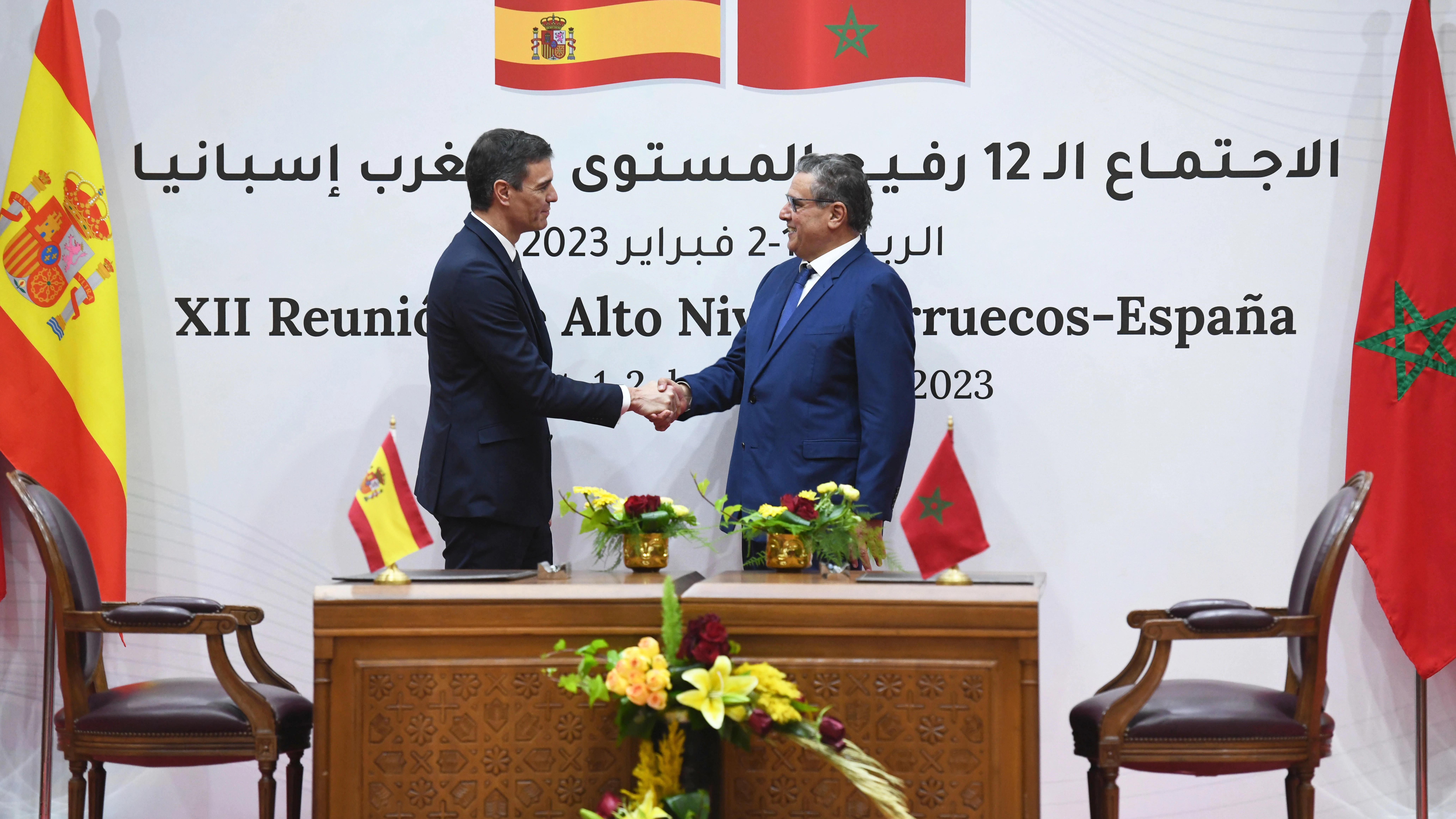 El presidente del Gobierno, Pedro S&aacute;nchez y el jefe de Gobierno del Reino de Marruecos, Aziz Ajanuch