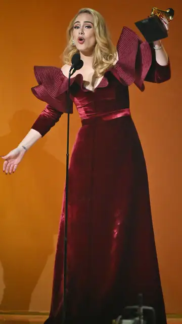 Adele, con un ajustado diseño de terciopelo burdeos Adele, con un ajustado diseño de terciopelo burdeos