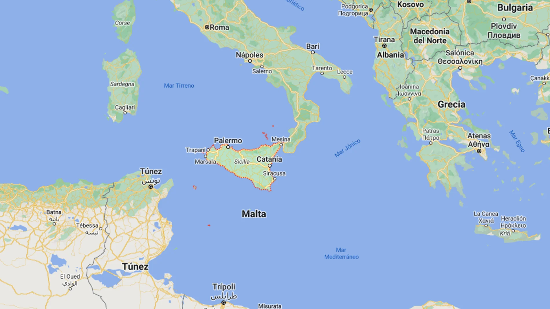 Imagen de Google Maps de la isla de Sicilia 