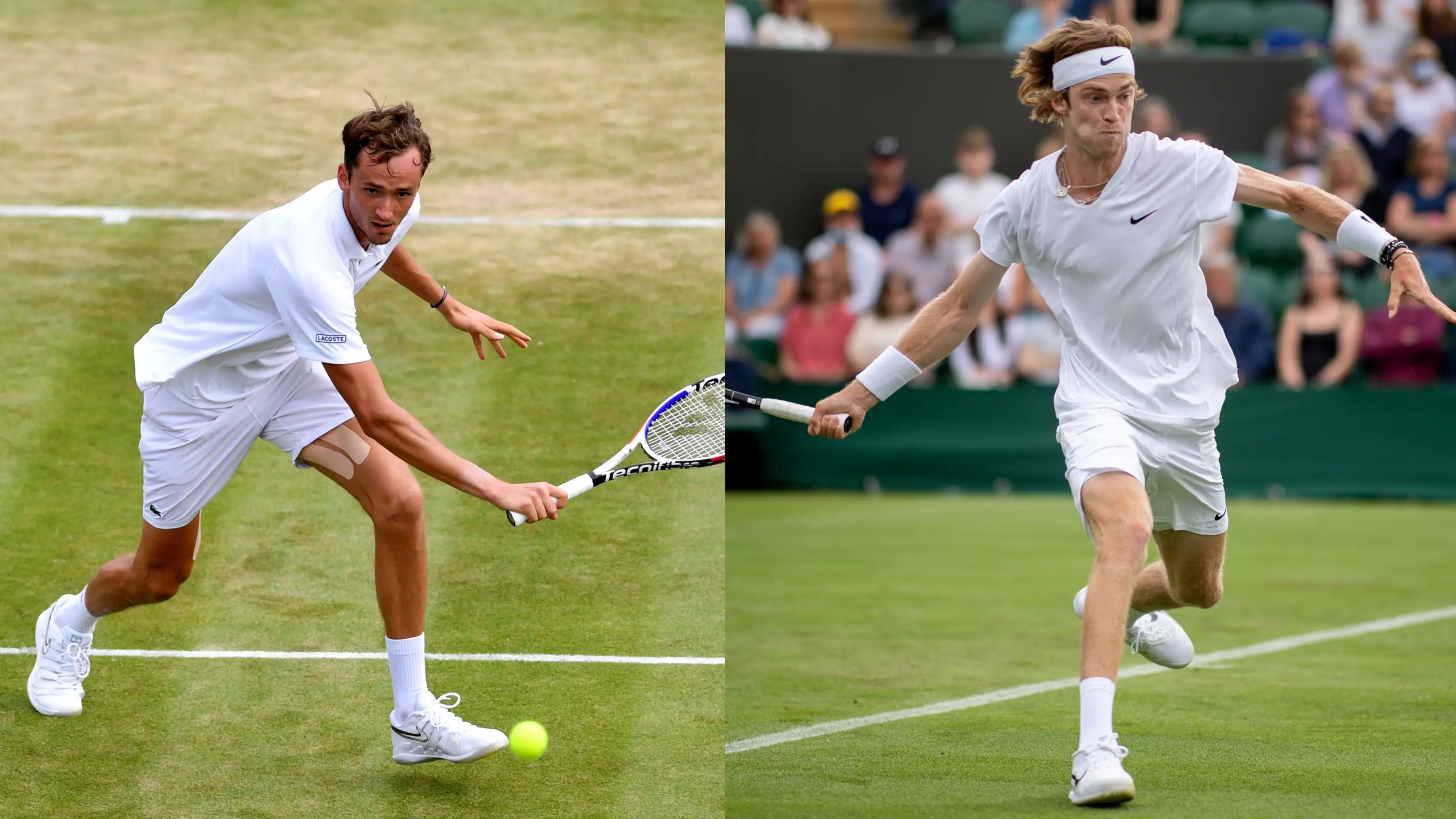 Los tenistas rusos Medvedev y Rublev jugando en la hierba de Wimbledon