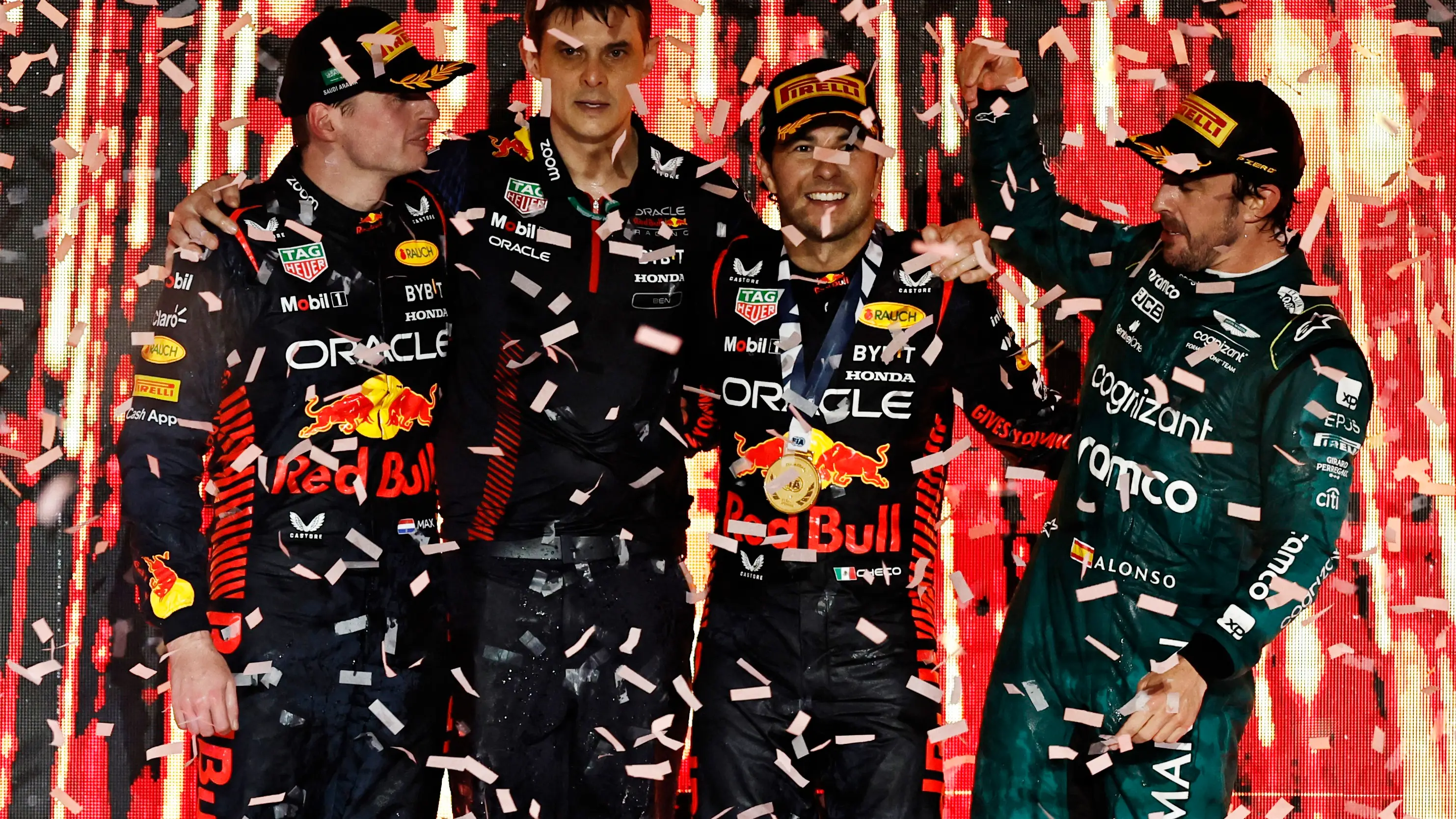 Verstappen, Pérez y Alonso, en el podio del GP de Arabia Saudí Verstappen, Pérez y Alonso, en el podio del GP de Arabia Saudí